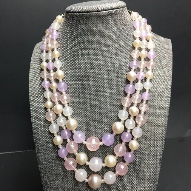 Graduated Triple Strand Necklace Lilac Purple Pearl Silver Round Faceted Vintage