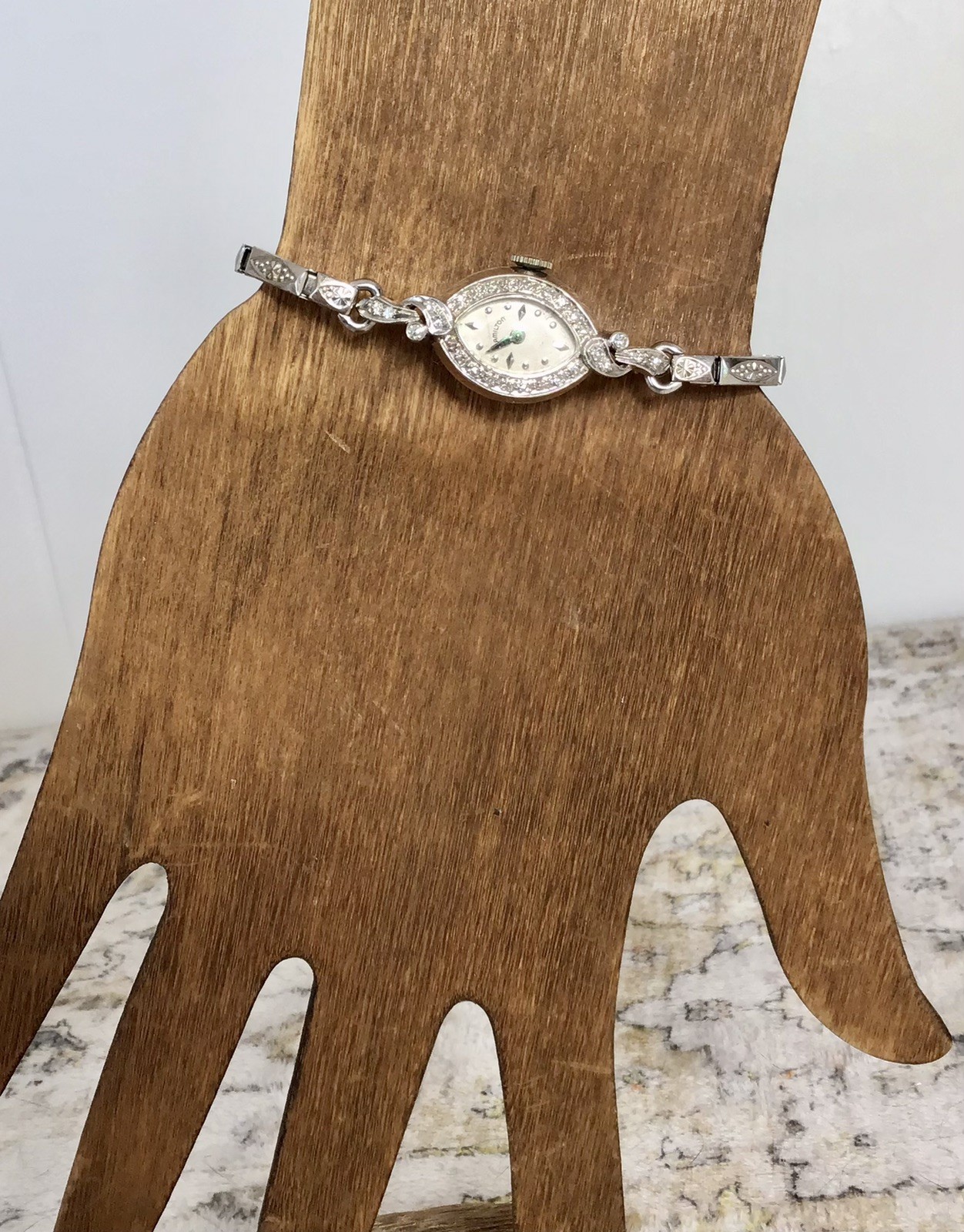 Works! EUC Vintage Antique Hamilton 14k White Gold 28 Diamonds Ladies Watch X57