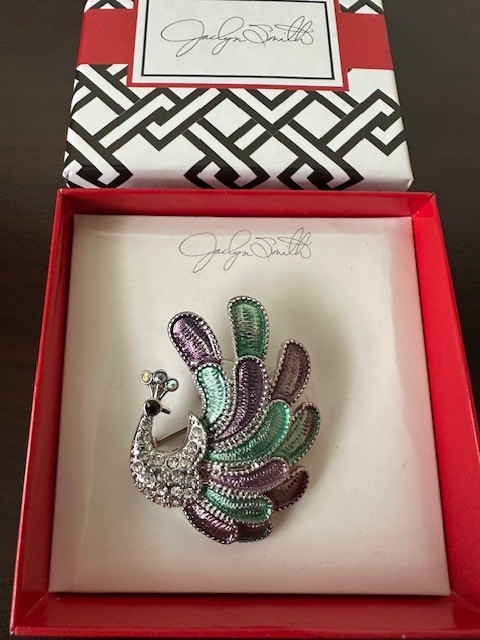 Vintage Jaclyn Smith Peacock Brooch Enamel Rhinestone Silver-Tone