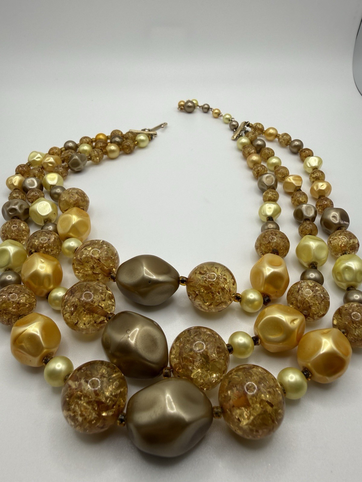 Japan Choker Necklace w/ Faux Pearl Crackled Lucite Gold Tan Yellow