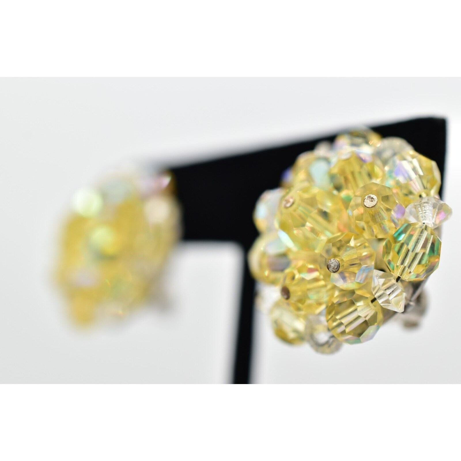 Laguna Vintage Clip On Crystal Earrings Yellow AB Cluster Signed Glam 1950s A24