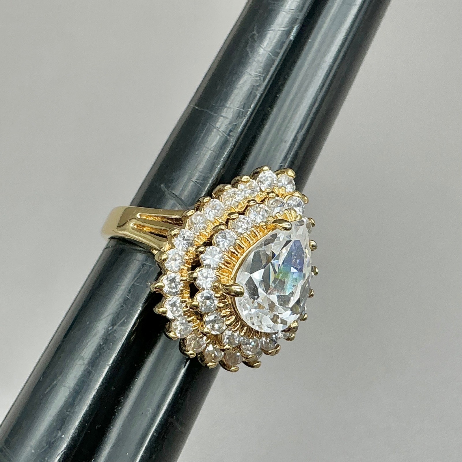 Vintage Lind Ring Womens Gold Plated Pear Cut CZ Triple Halo 14K HGE Size 7.5