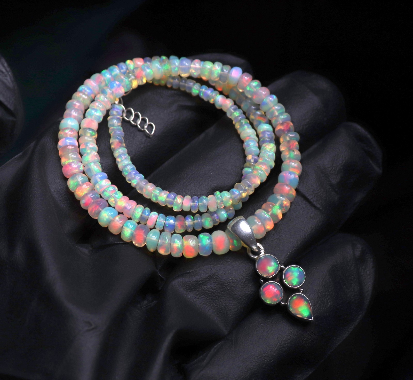 Natural Ethiopian fire opal beaded necklace with sterling silver opal pendant