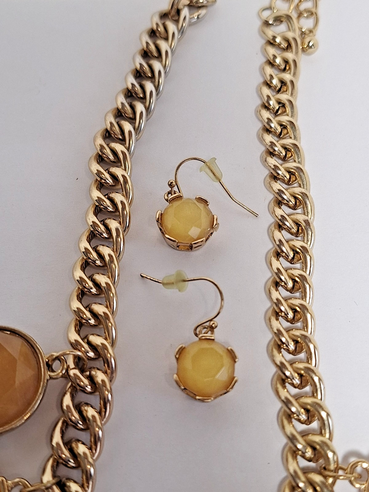 Vintage Yellow Stones & Gold-Toned Chunky Chain Statement Necklace & Earring Set