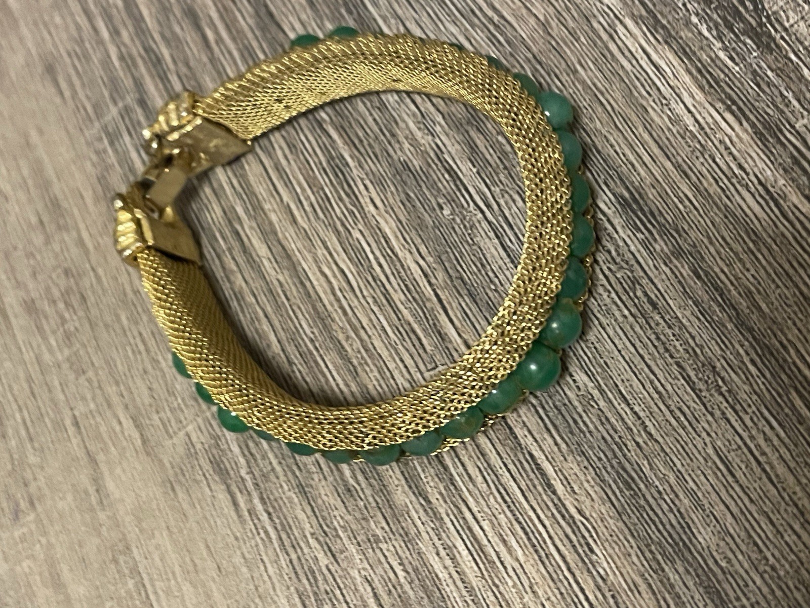 Vintage Gold Tone Woven Mesh Bracelet Green Plastic Beads Wide Bracelet