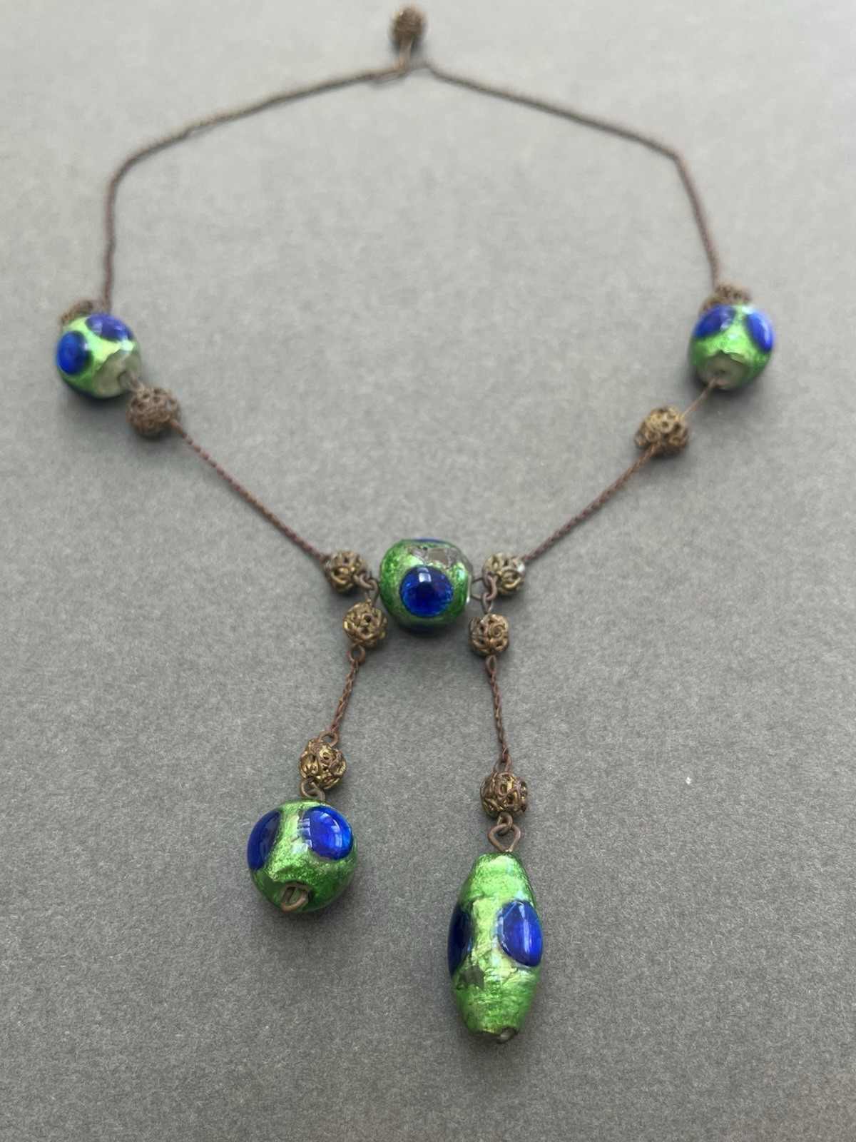 Antique Art Deco Venetian Peacock Glass Foil Necklace