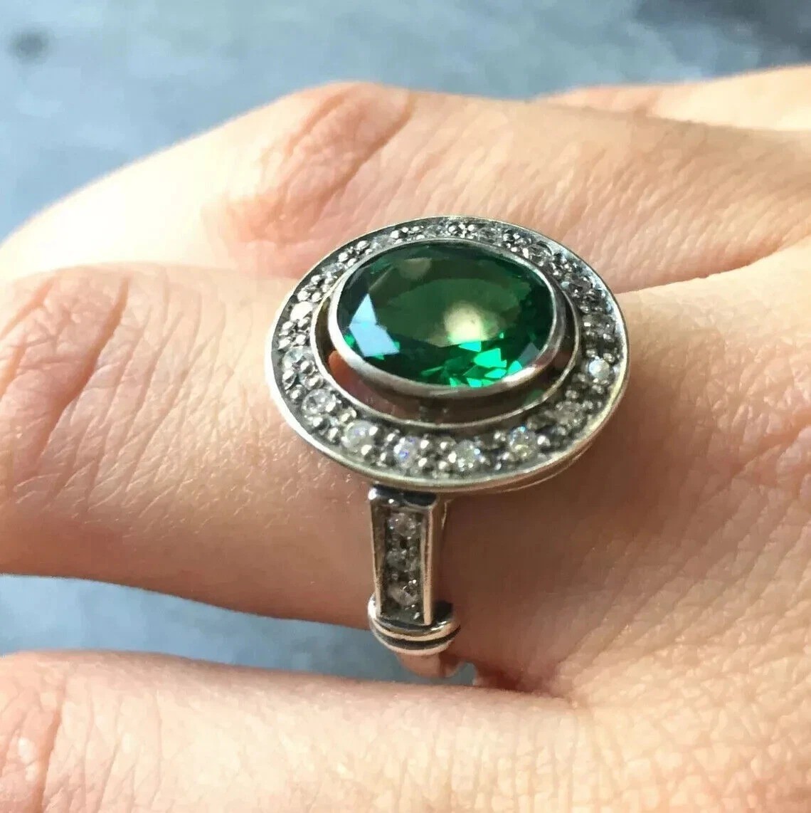 Art Deco Style Edwardian Lab Created Emerald Anniversary 14K White Gold FN Ring