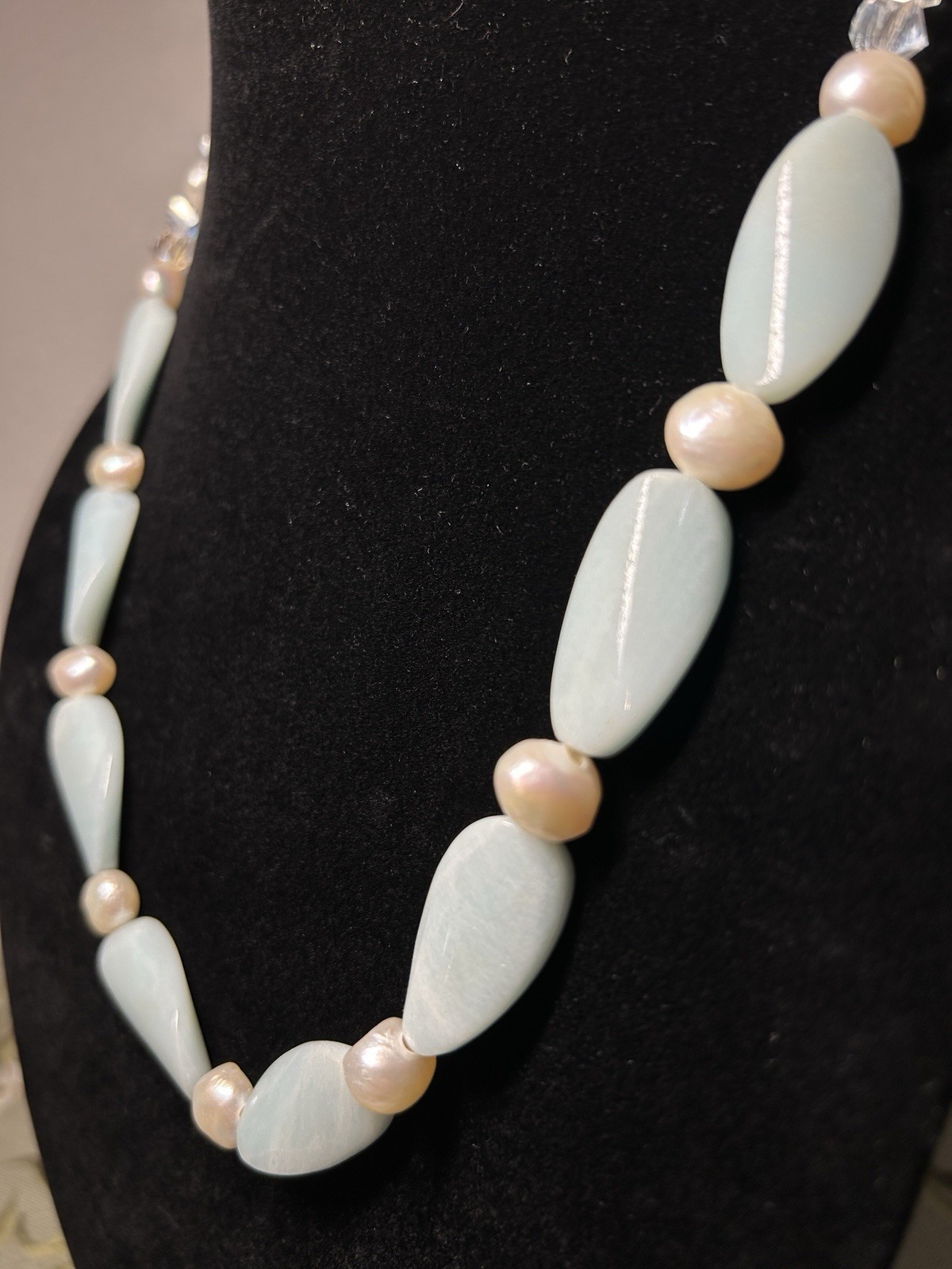 Carved Stone Fresh Water Pearls MOP Aurora Crystal Beaded Necklace