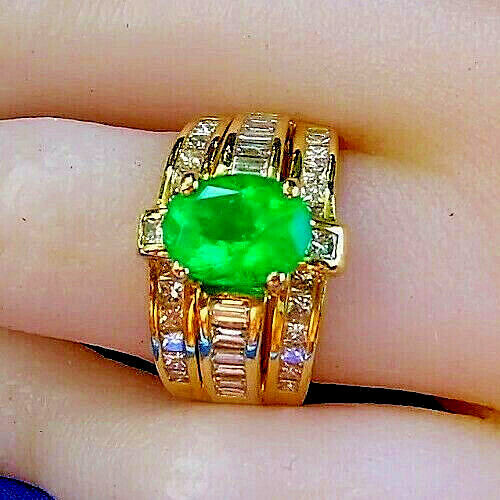 Original EARTH MINED EMERALD DIAMOND Deco Engagement Ring 14K GOLD Solitaire 4ct