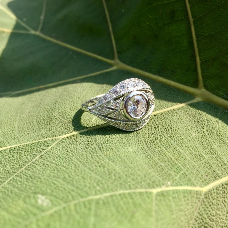 Art Deco Style Lab Created Diamond Bezel Set 14K White Gold FN Engagement Ring