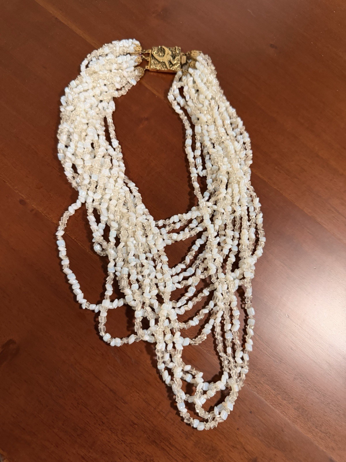 Rare Vintage Venetian Multistrand Opaline Clear Seed Bead Choker Necklace Italy