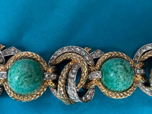 MARCEL BOUCHER TURQUOISE ART GLASS CABOCHONS & RHINESTONE BRACELET SIGNED/NUMBER