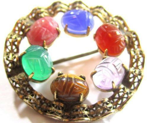 Egyptian Revival Gemstone Scarab Beetle Signed WRE 1/20 12K Gold Filled Pin
