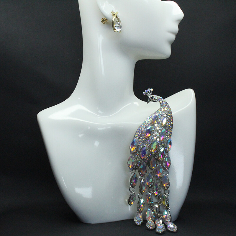 Vintage Long Tailed Silver Crystal Peacock Tassel Brooch Women Accessories Pin