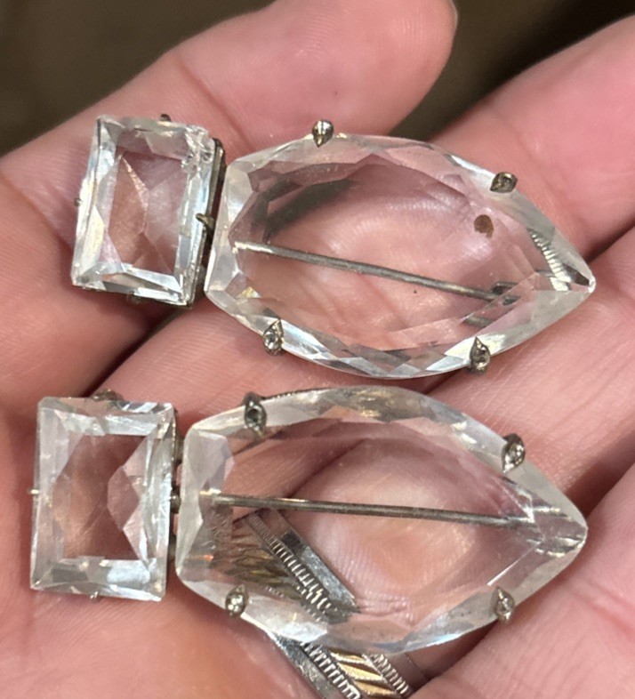 Vintage Pair Of Deco Czech? Clear Crystal Pin Brooch Silver Tone