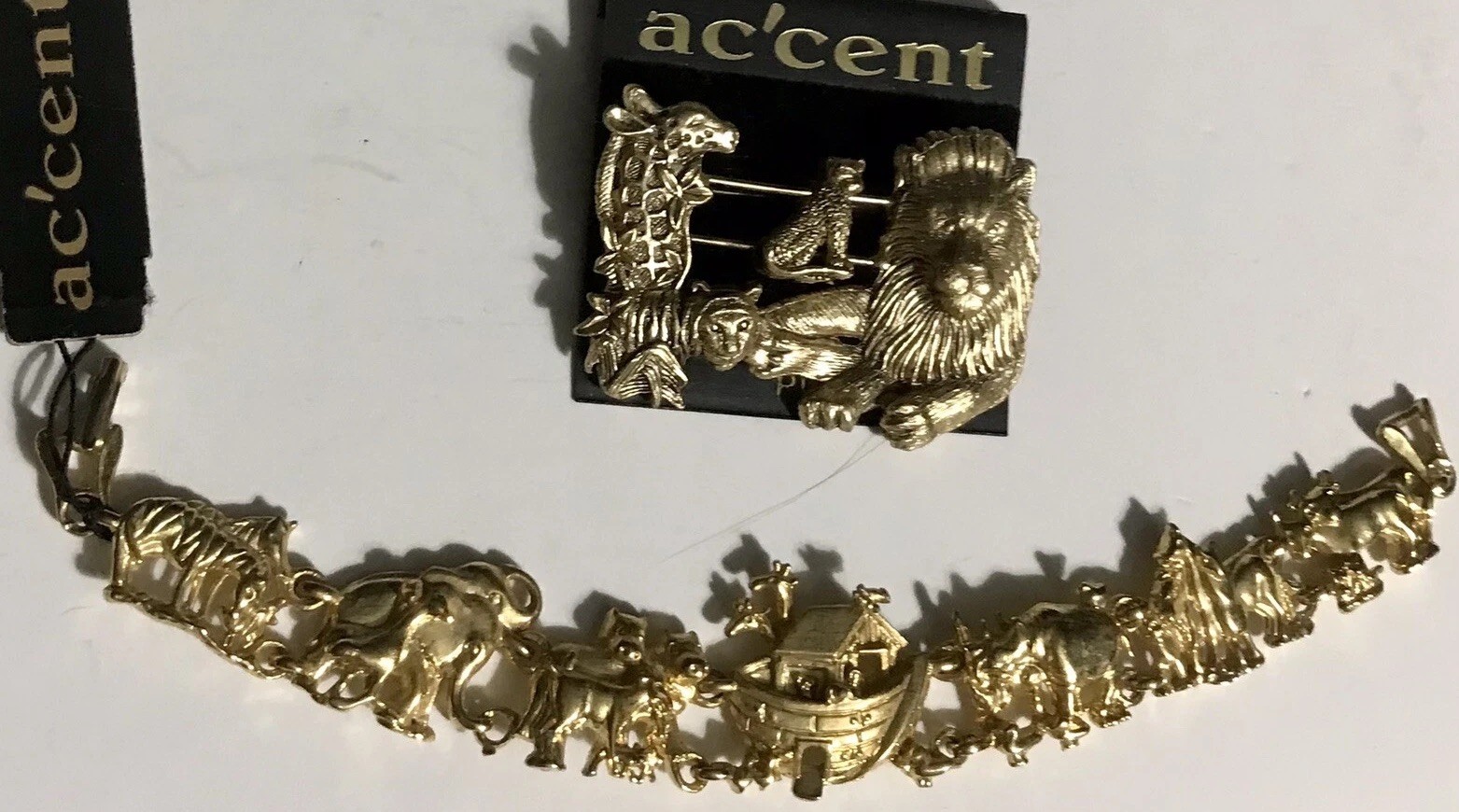 New Vintage AC’CENT Bible Noah’s Ark Animal Creatures Bracelet Brooch/Pin Set