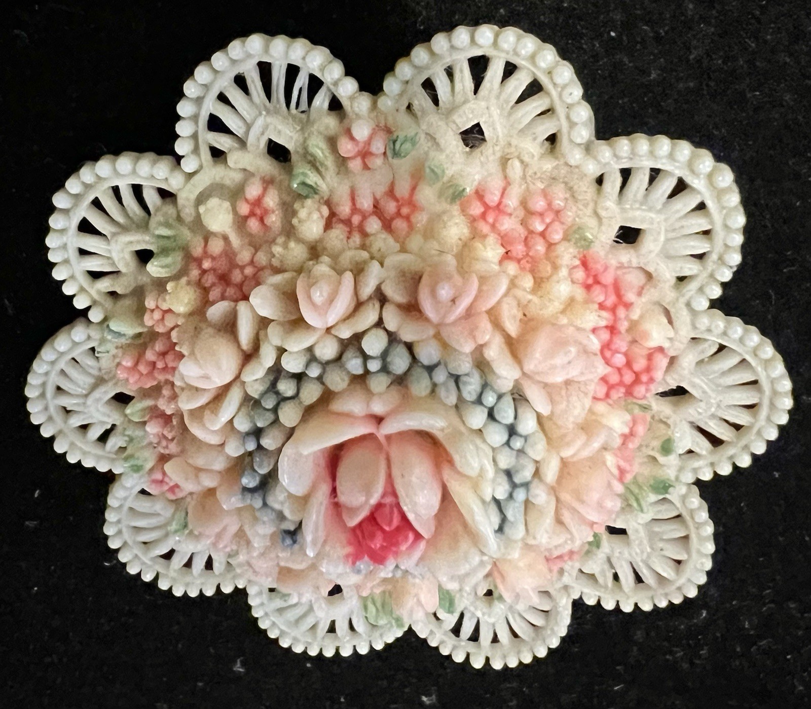 Vintage 1 5/8” Celluloid Filigree Ornate Floral Elegant Green &Orange Brooch