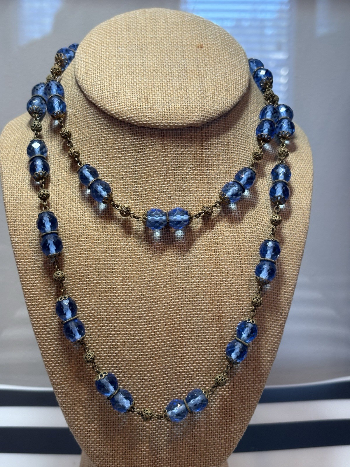 Antique Art Deco Blue Czech Glass & Brass Filigree 34 Inch Necklace 20s-30s