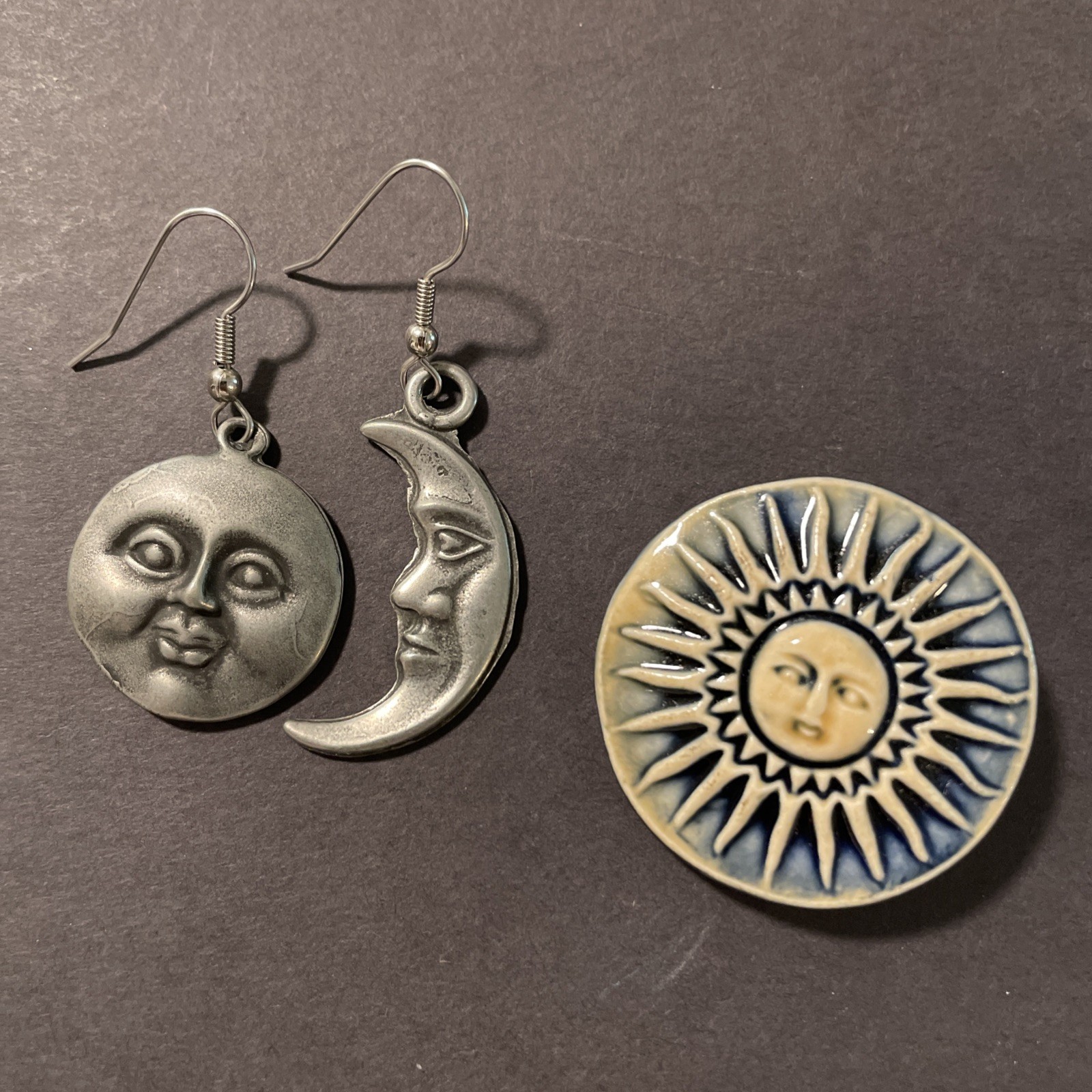 Vintage Full & Crescent Moon Earrings / Tile Sun Brooch Pin Set