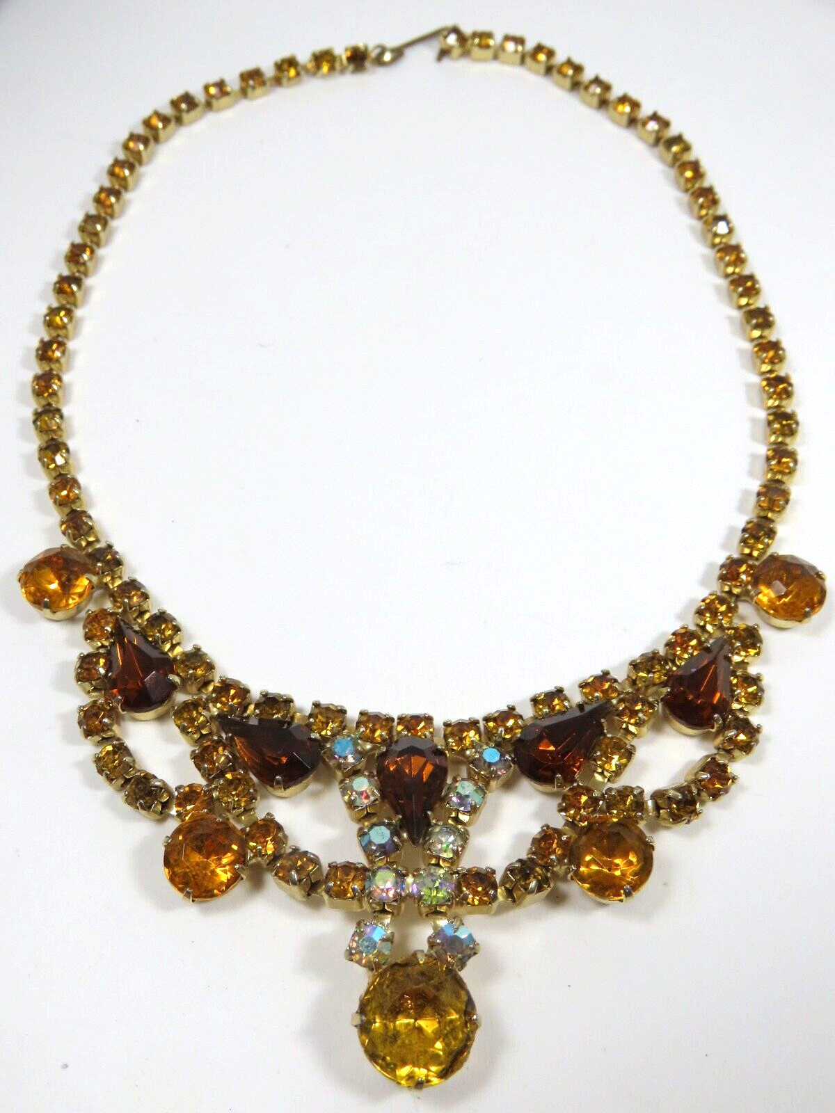 Rhinestone Necklace Golden Amber Brown Topaz AB Crystal VTG Exquisite D1652