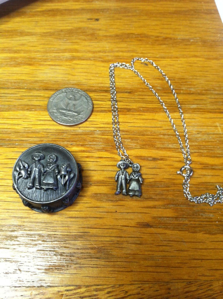 PEWTER TRINKET BOX EARRINGS NECKLACE PILGRIMS PIONEER VINTAGE