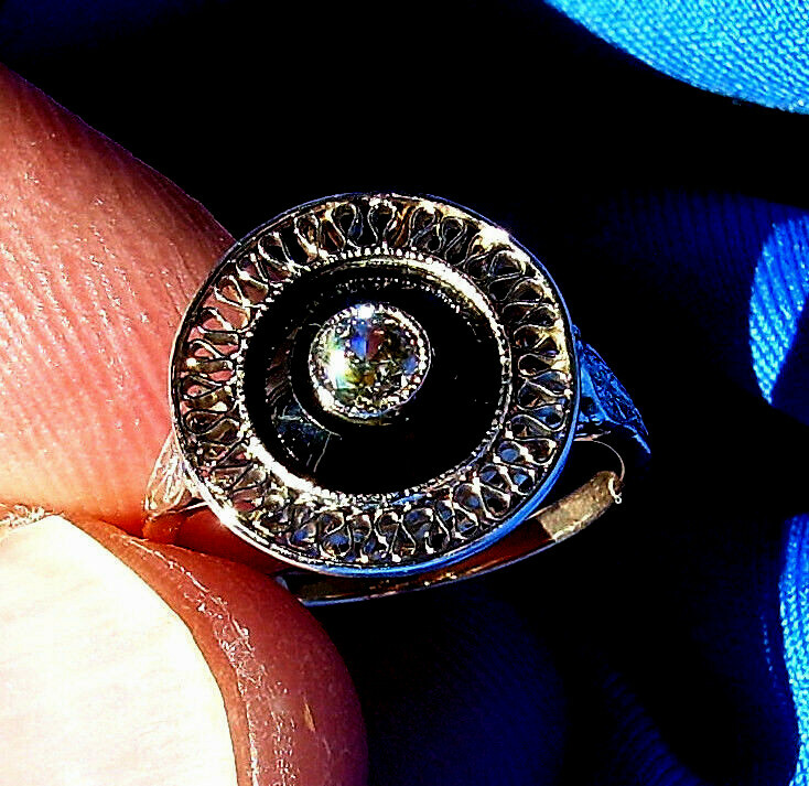 Original EARTH MINED DIAMOND Onyx Deco Engagement Ring Antique PLATINUM Filigree
