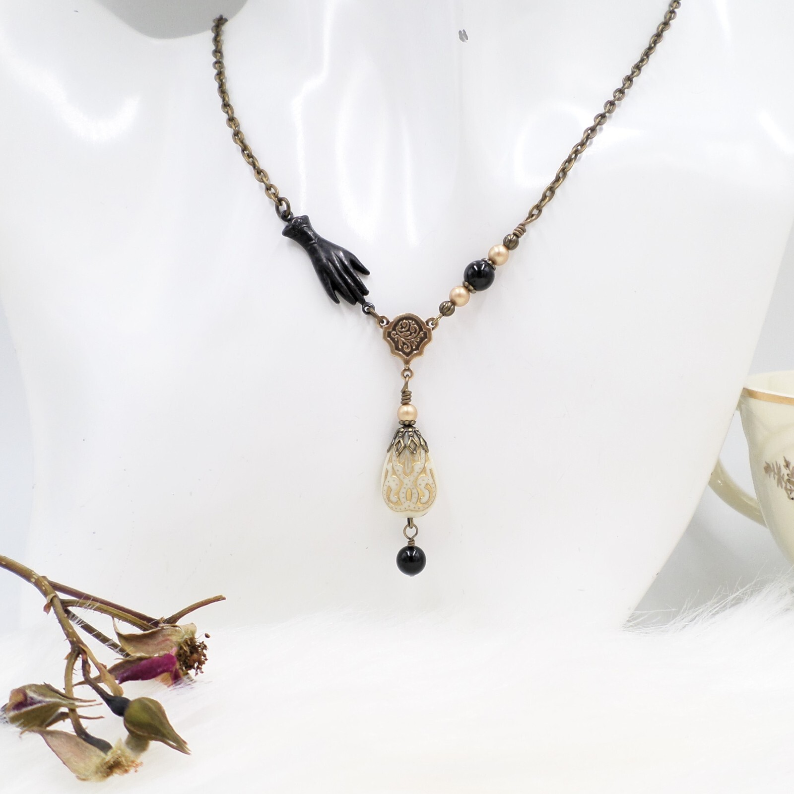 Victorian Reproduction Hand Necklace, Cream Black Gold Acrylic Metal Jewelry