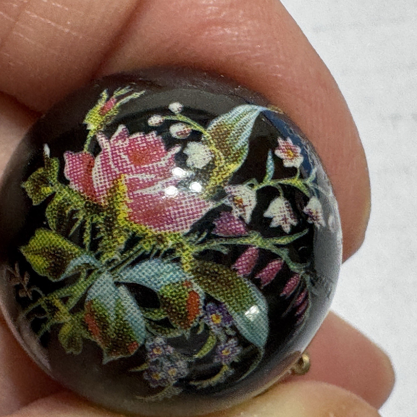 Vtg Black Floral Clip On Earrings Button Dome 60s Pink Flowers 1” Lightweight