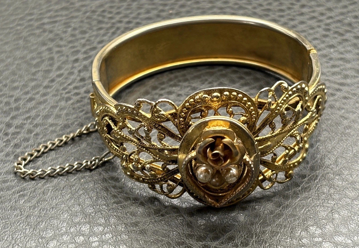 Vintage Gold Tone Filigree Bangle Bracelet Pearl Accents Rose Motif Hinged