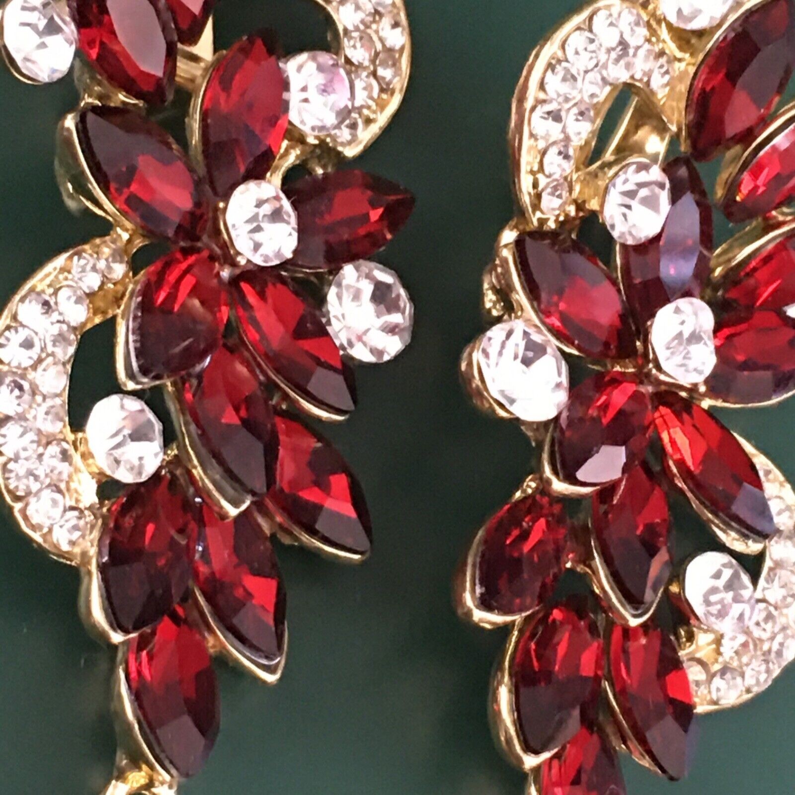 Red Rhinestone Statement Clip-On Earrings