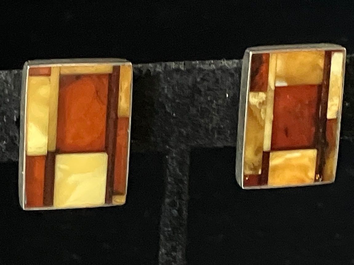 Vintage Baltic Amber Brooch Earring Clip On Set Mosaic Sterling Silver