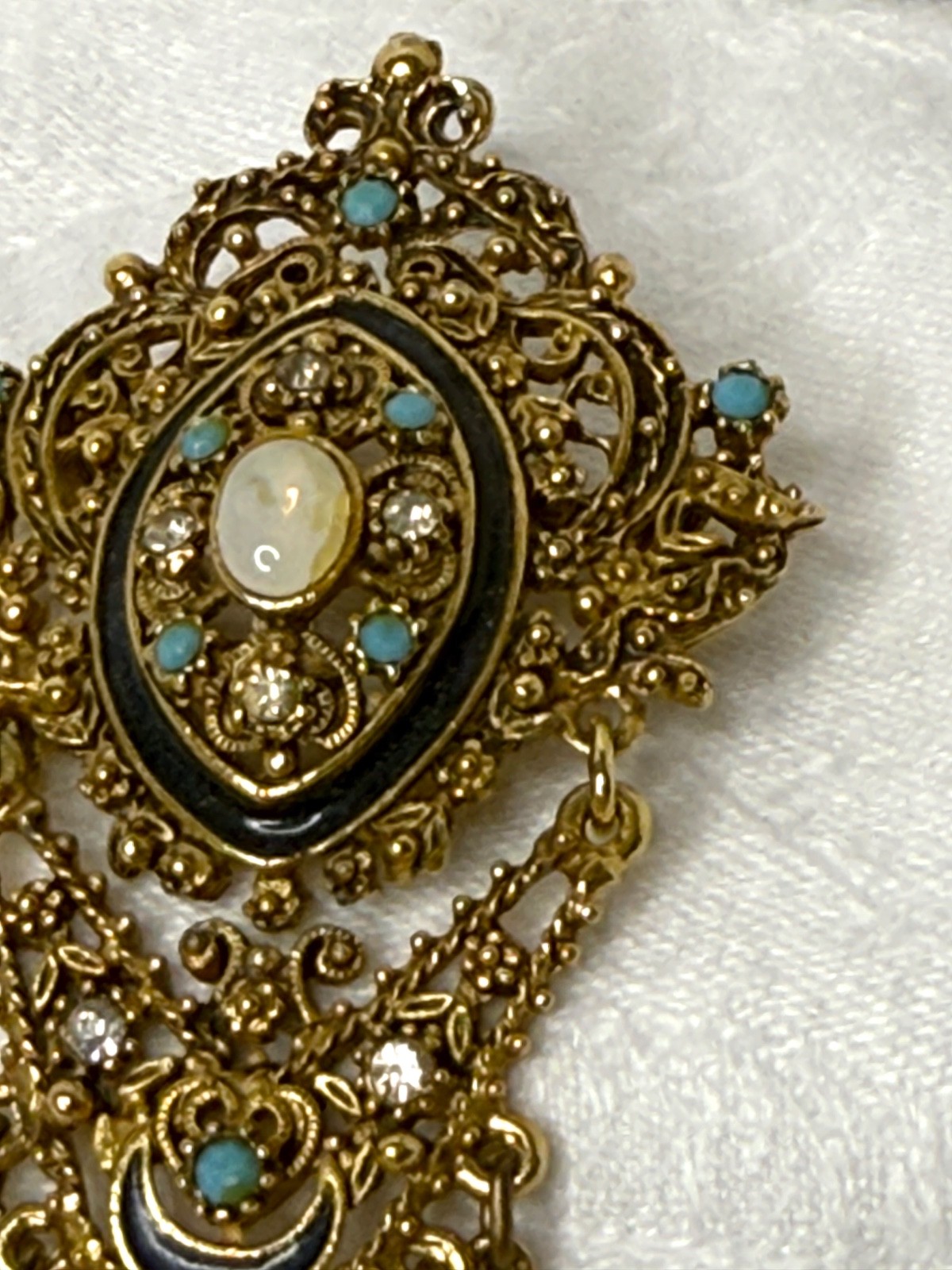 Vintage Florenza Filigree Brooch • Gold-Tone Fringe • Turquoise/Opalette
