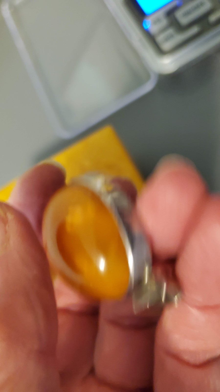 Vintage Lithuania butterscotch amber box and huge sterling pendant set