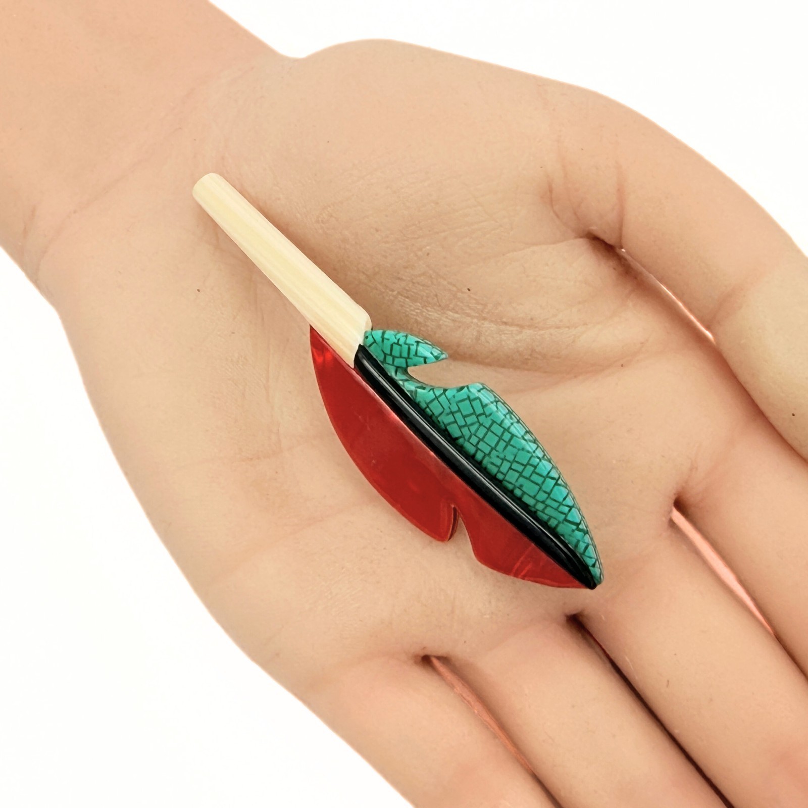 Lea Stein Marked Paris Green Red Acetate Celluloid Feather Brooch