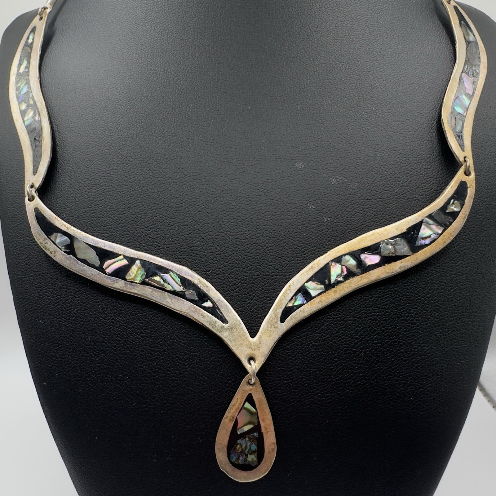Vintage Mexican Alpaca Abalone Inlay Necklace 17″ Panel Link Drop Pendant