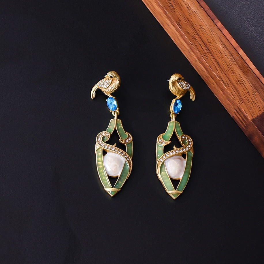 Vintage Victorian Bird Set Necklace Earrings Gold Rhinestone Jewelry Gift