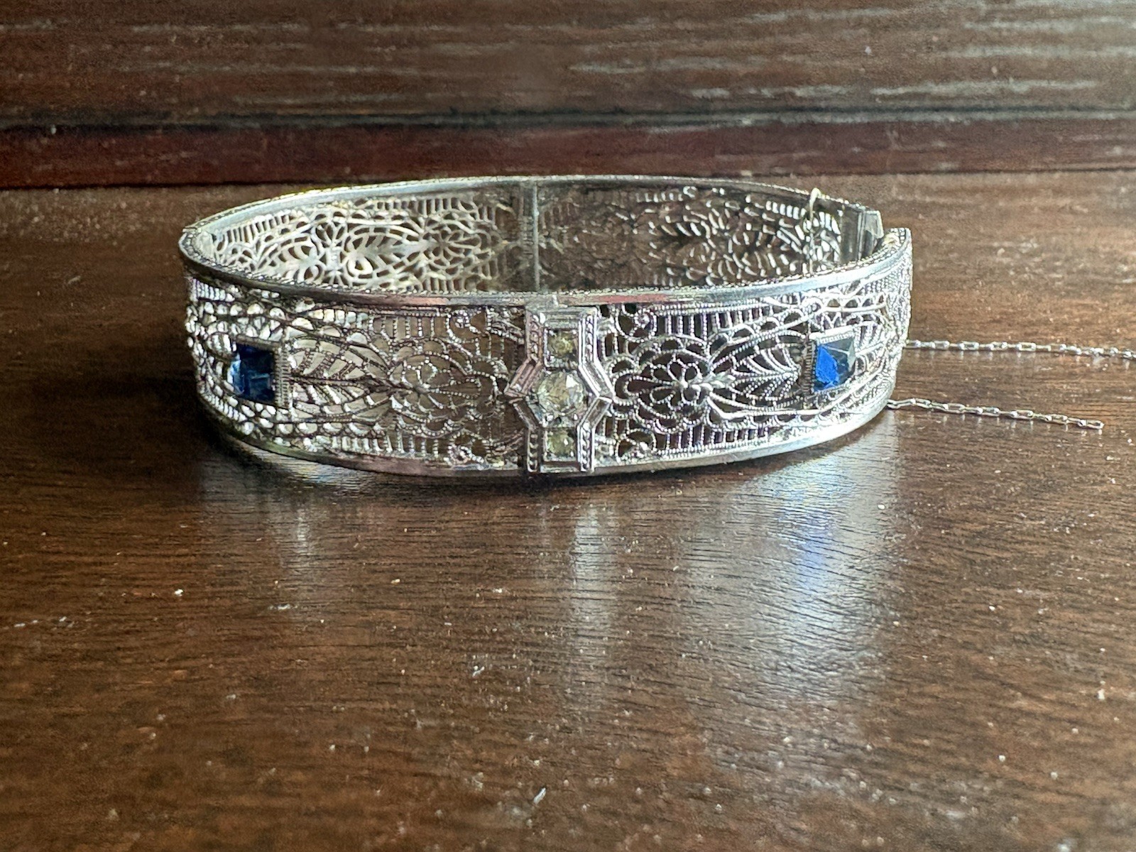 Ostby Barton OB Edwardian Filigree Bracelet Sterling Silver Blue Glass READ!