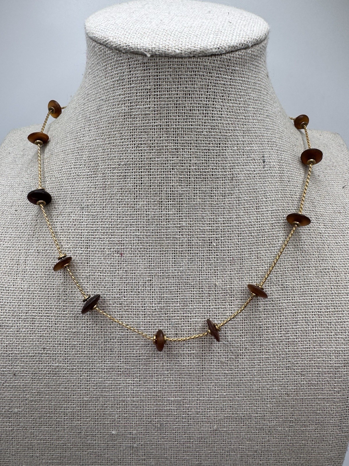 Vintage Anne Klein Matte Gold Tone Chain Brown Bead Station Necklace 17”