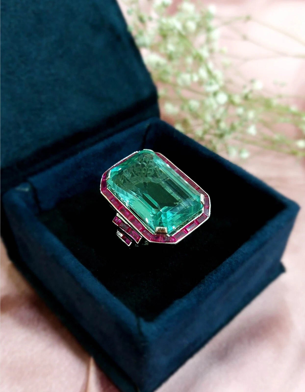 7Ct Vintage Art Deco Style Aquamarine & Ruby Anniversary 14K White Gold FN Ring