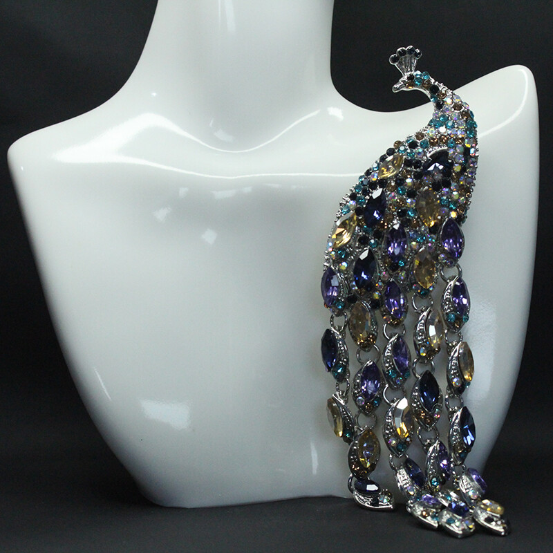 Vintage Long Tailed Multicolor Crystal Peacock Tassel Brooch Accessories Pin