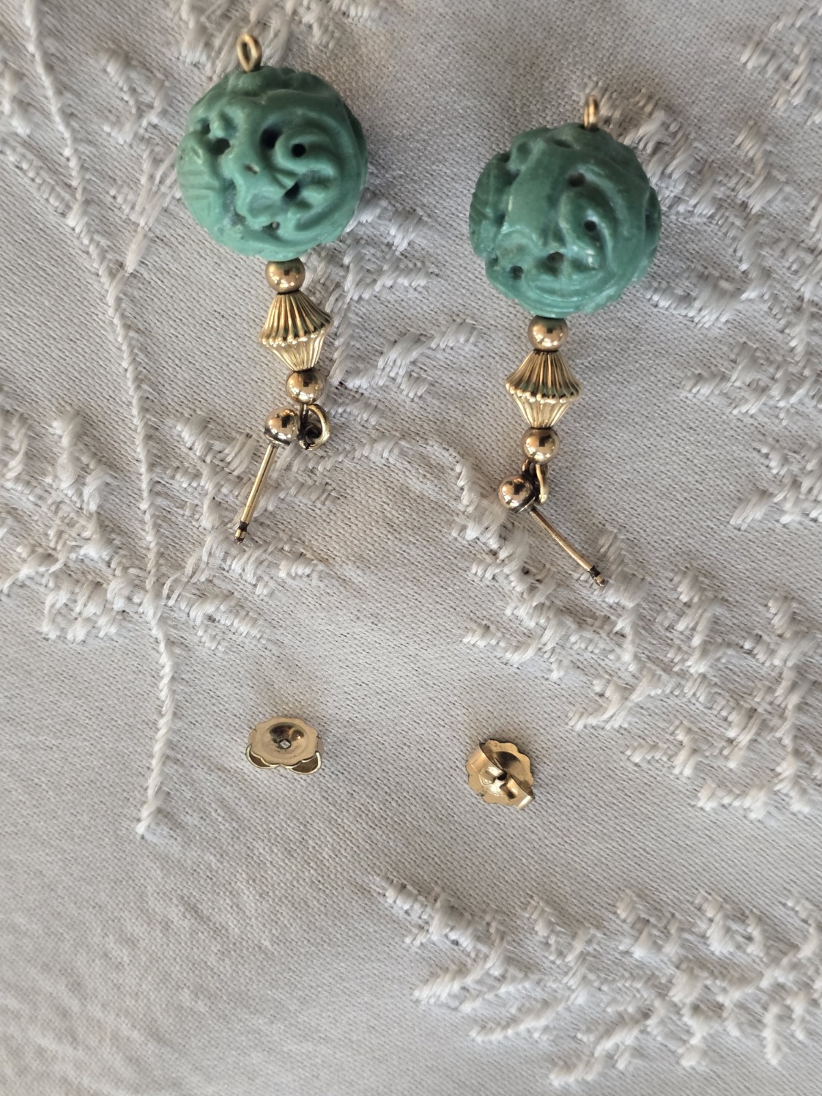 Chinese Turquoise Shou Carved Bead Earrings & Necklace 21” Gold Plated Clasp