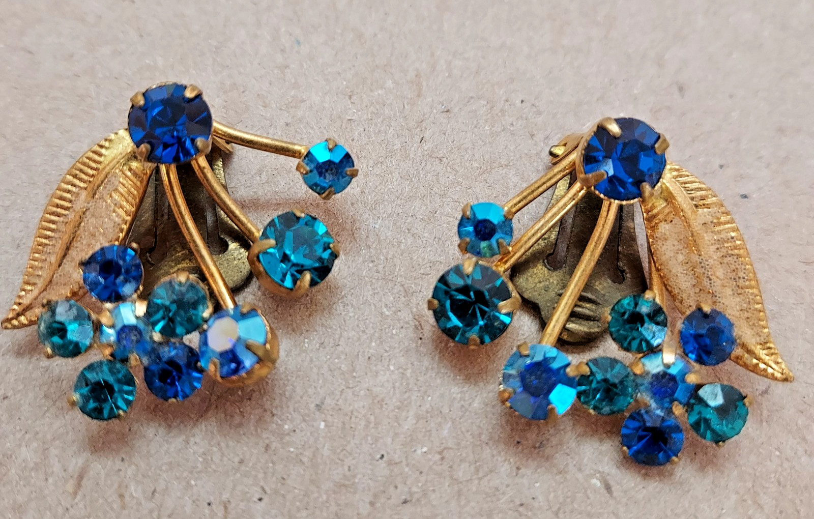Aurora Borealis Blue Austrian Crystal Clip Earrings Marked Austria 4 Prong