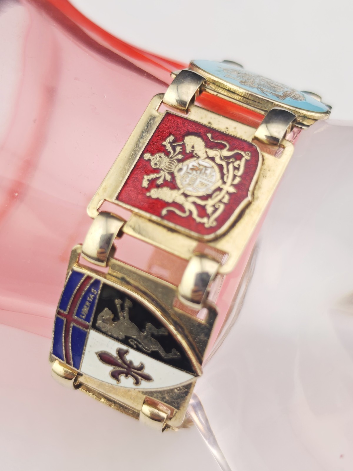 Vintage French Souvenir Bracelet 7″ Colorful Heraldic Cloisonne Enamel Panels