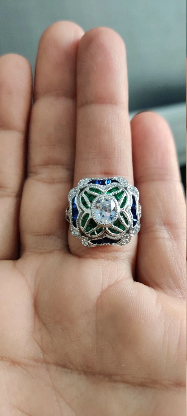 Art Deco Round Lab Created Diamond & Emerald Wedding 14Ct White Gold Finish Ring