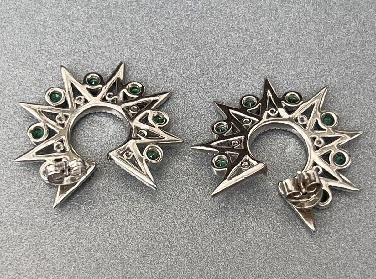 Vtg Sterling Star Point Statement Earrings, Emerald Green & Clear CZ Settings