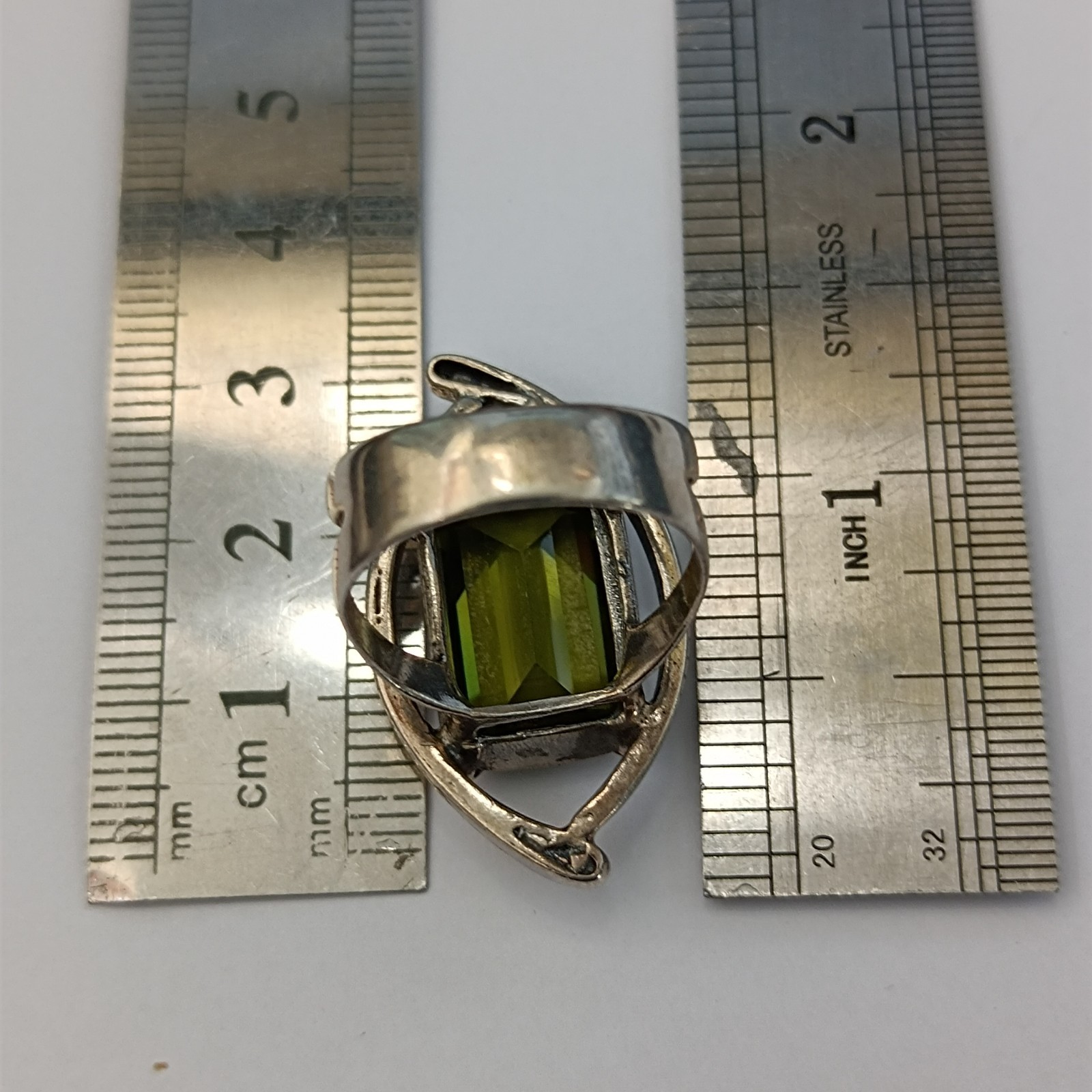 Modernist Statement Ring Sterling Silver Olive Green Stone Rolled Gold Cocktail