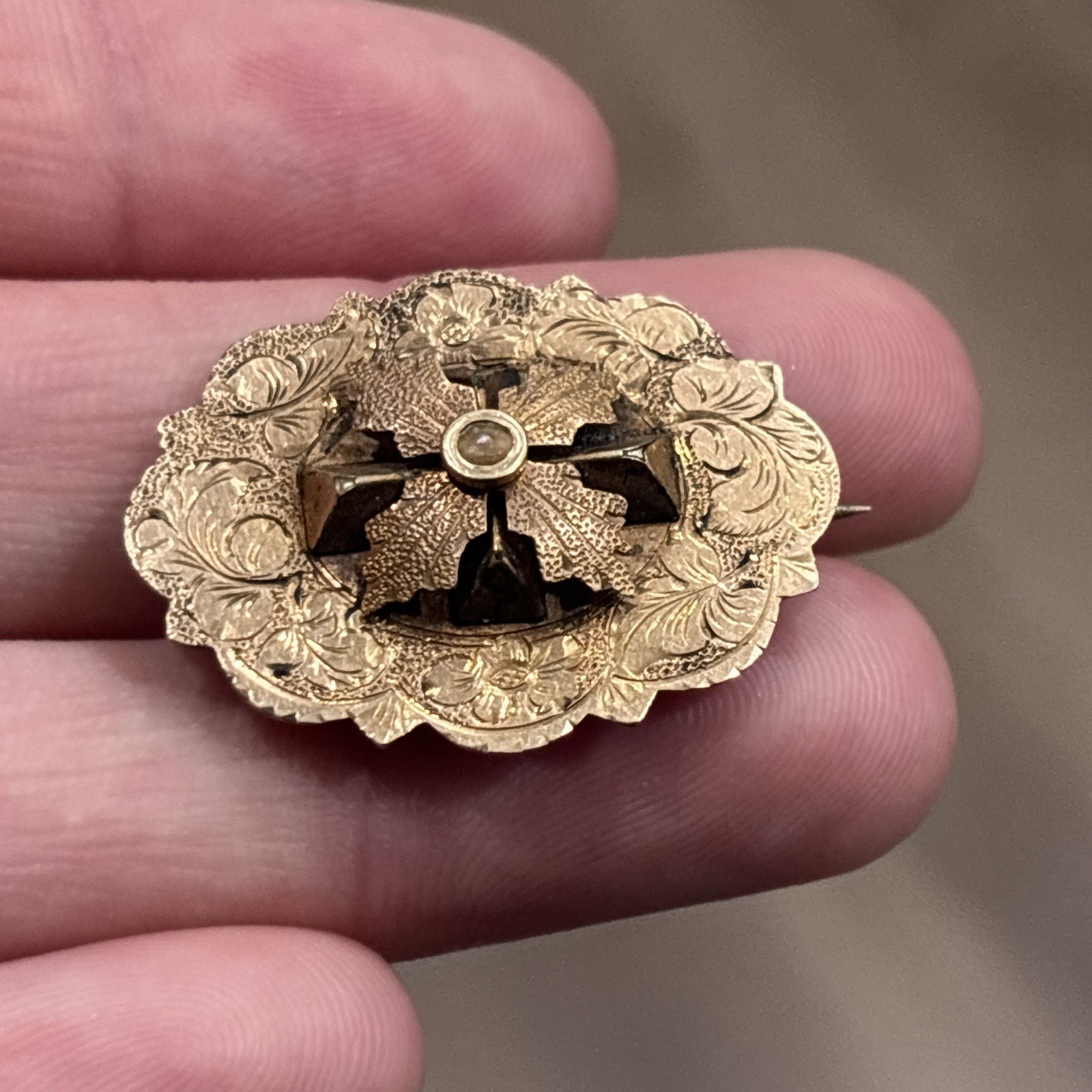 Antique Victorian Gold Filled Brooch Pin Floral Repousse Oval 3D Cross Vintage