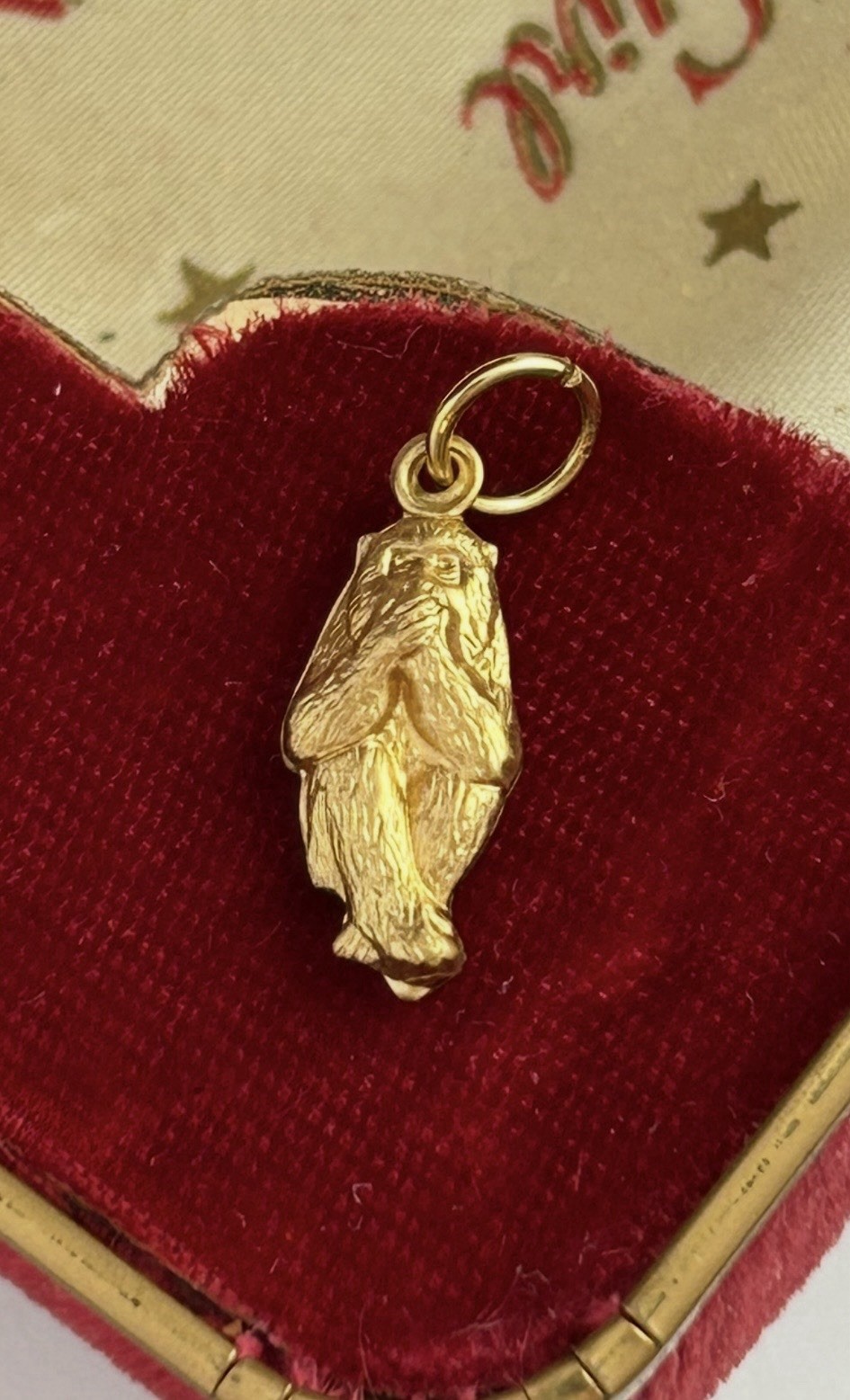 Vintage Charm Speak No Evil Monkey Necklace Pendant Puffy Brass Metal Jewelry