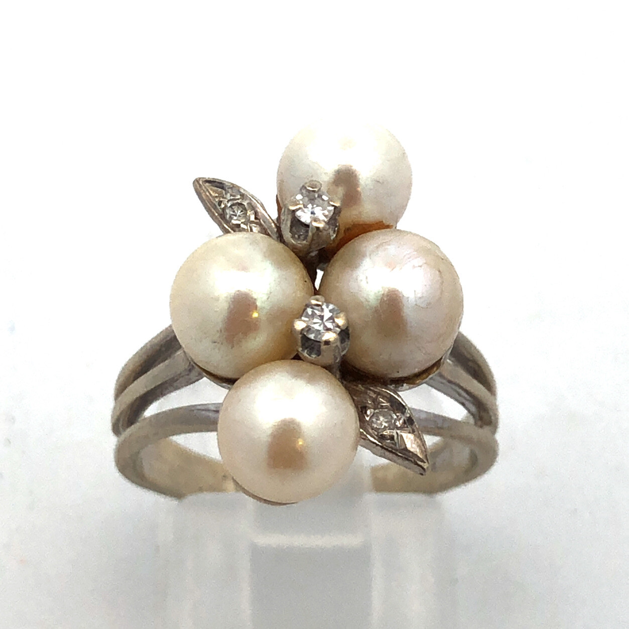 14K White Gold Pearl Diamond Cluster Bridal Anniversary Birthday Cocktail Ring