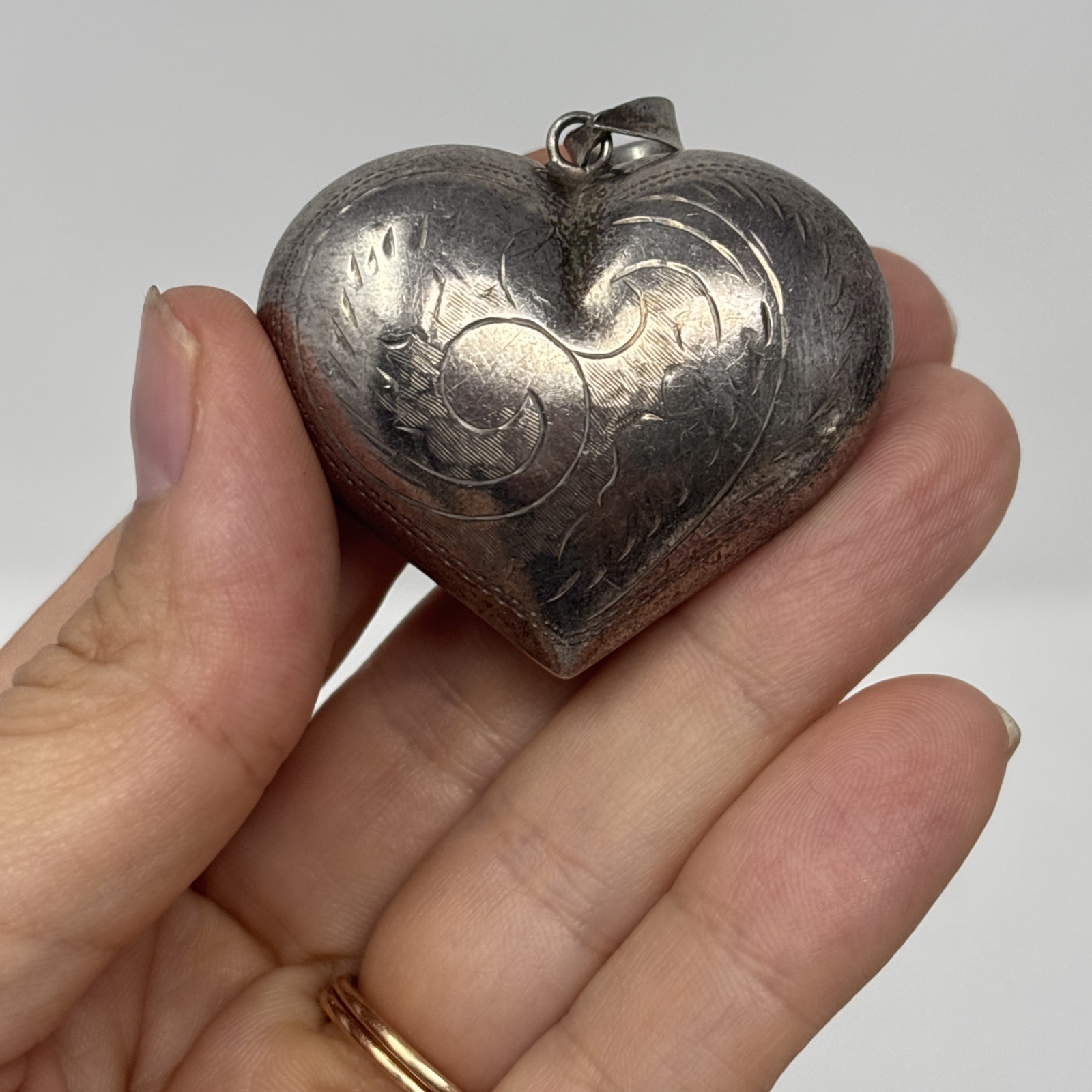 Vintage Sterling Silver Puffy Heart Pendant Etched Floral 13.4g Large